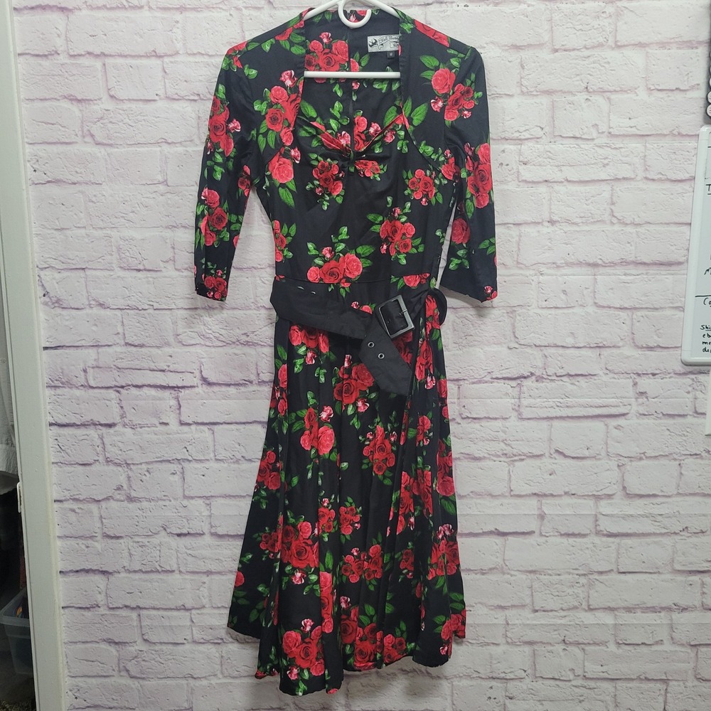 VTG Hell Bunny Vixen Rose Swing Dress Size M Belted‎ 50s Gothic Rockabilly Retro
